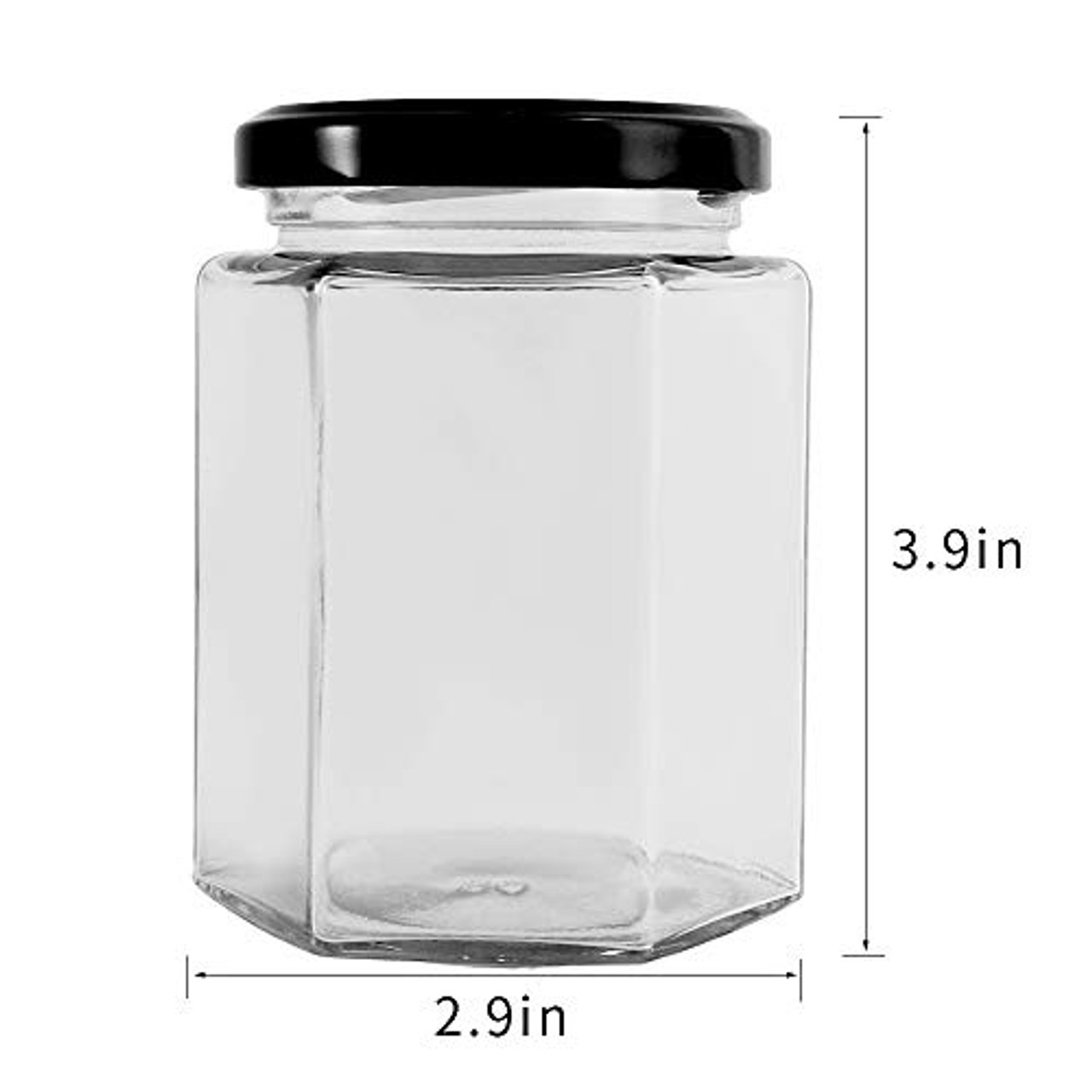 CycleMore 9oz Hexagon Glass Jars with Black Lids, Clear Glass