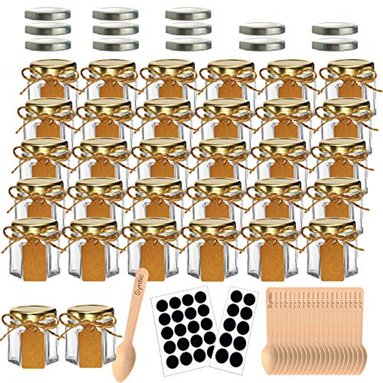 Superlele 30pcs 1.5oz Hexagon Mini Glass Jars with Gold Lids, Honey Jars  Small Spice Jars For Herbs with 80pcs Stickers, 2pcs Brush for Spices,  Gifts