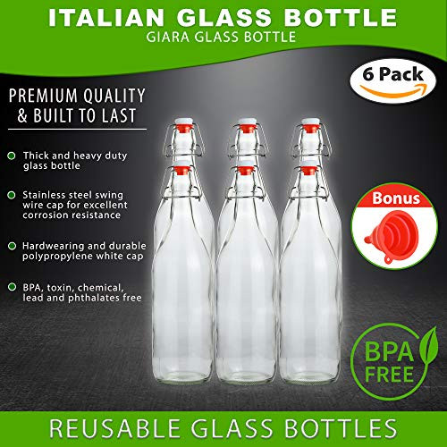 Flip Top Glass Bottle [1 Liter / 33 fl. oz.] [Pack of 6] Swing Top