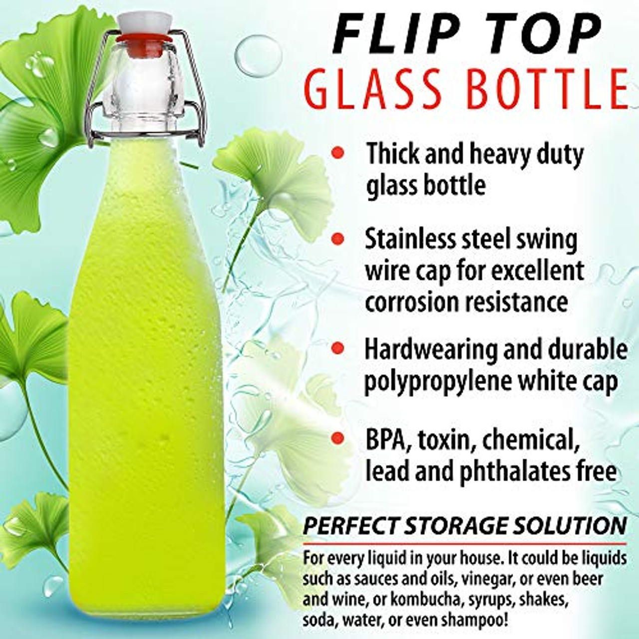  Flip Top Glass Bottle [1 Liter / 33 fl. oz.] [Pack of 6] –  Swing Brewing with Stopper for Beverages, Oil, Vinegar, Kombucha, Beer,  Water, Soda, Kefir Airtight Lid & Leak