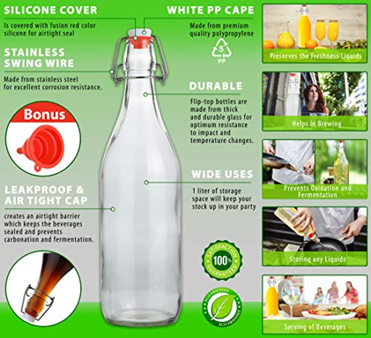 Flip Top Glass Bottle [1 Liter / 33 fl. oz.] [Pack of 4] Swing Top Brewing  Bottle with Stopper for Beverages, Oil, Vinegar, Kombucha, Beer, Water,  Soda, Kefir Airtight Lid & Leak Proof Cap Clear