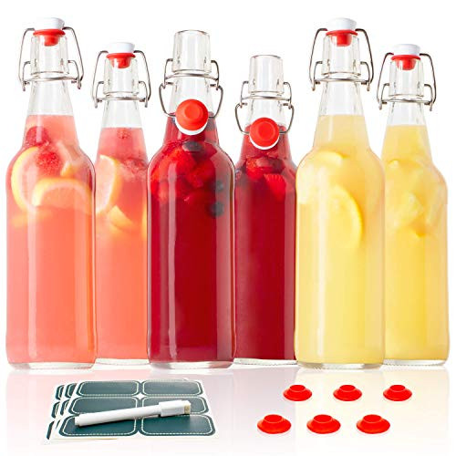 Otis Classic Swing Top Glass Bottles - Set of 6, 16oz w/ Marker