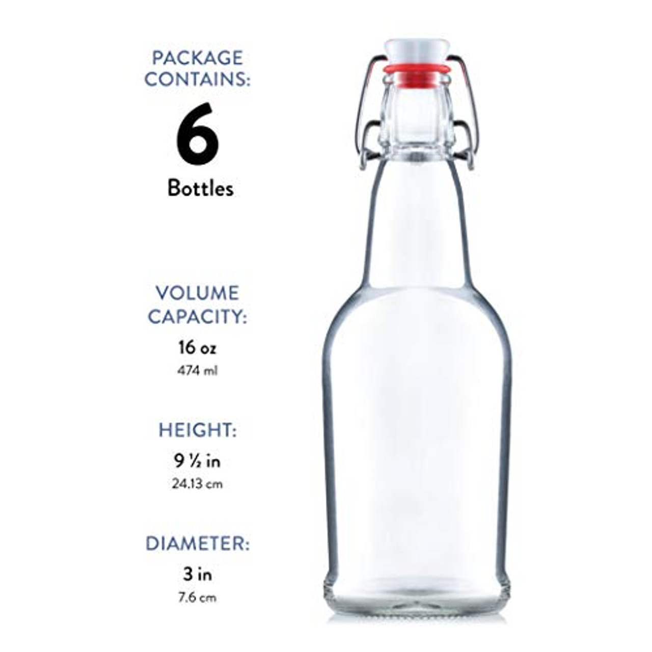 Glass Swing Top Beer Bottles - 16 Ounce (6 Pack) Grolsch Bottles, with  Flip-top Airtight Lid, for Carbonated Drinks, Kombucha, 2nd Fermentation,  Water Kefir, Clear Brewing Bottle.