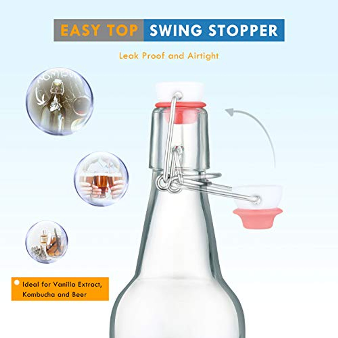 EZ Cap Swing Top Bottles, Clear Glass Bottles, 16 oz, Case of 12