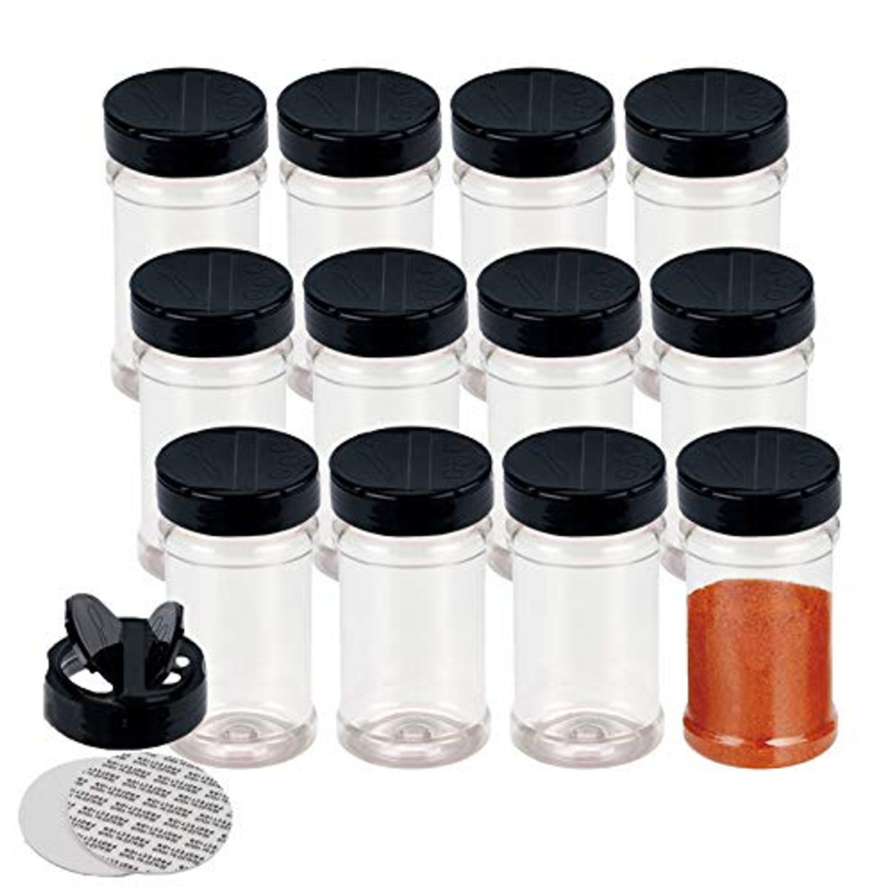 Set of 12Pcs Empty Plastic Spice Jars with Black Cap Spice Containers for Storing BBQ Seasoning Salt Pepper Glitter Shakers Bottles 5.7oz 170ml