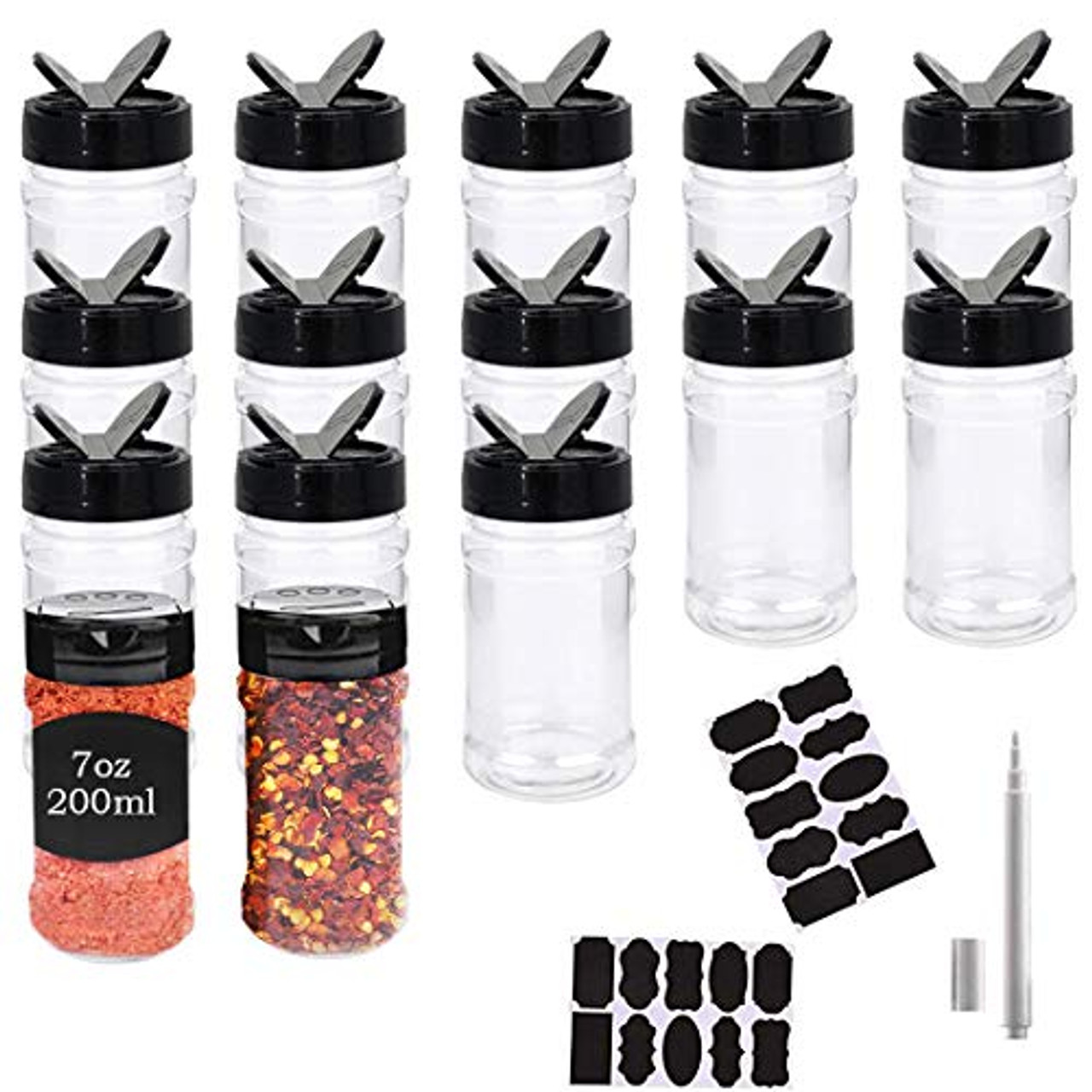 16 Pack 7oz Clear Plastic Spice Jars Storage Bottle Containers Seasoning Containers Bottles with Black Cap Perfect for Storing Spice Herbs and