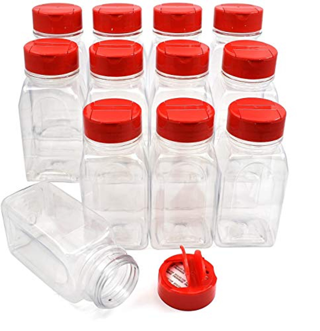 RoyalHouse - 12 PACK - 9.5 Oz with Red Cap - Plastic Jars Bottles  Containers - Perfect for Storing Spice, Herbs and Powders - Lined Cap -  Safe Plastic