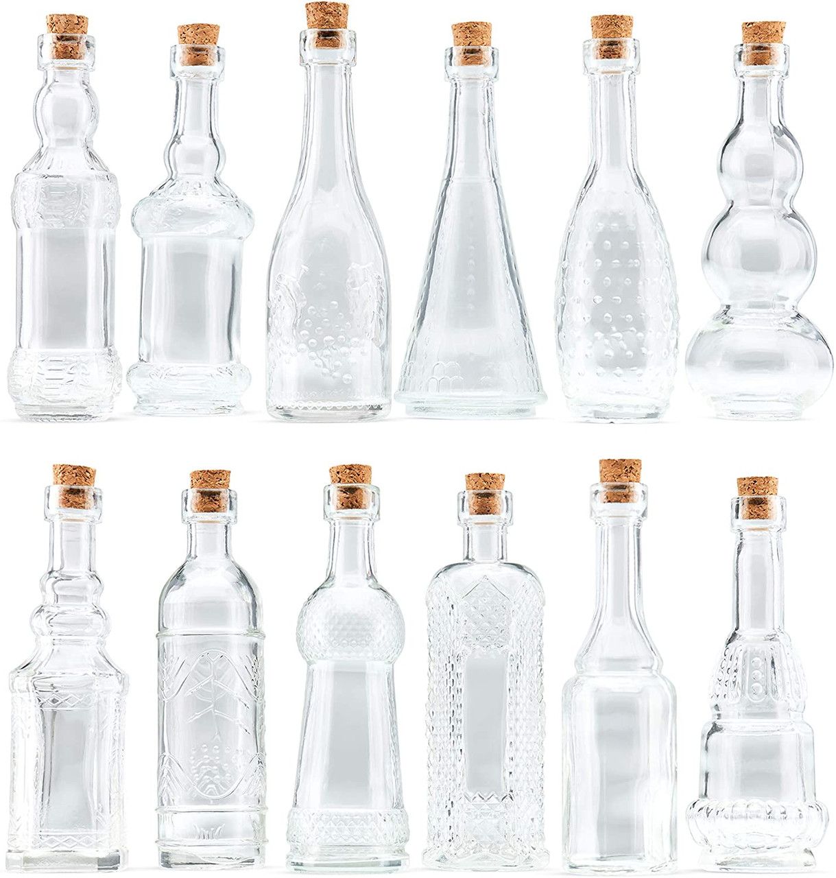 Small Clear Vintage Glass Bottles with Corks, Bud Vases, Decorative, Potion,  Assorted Design Set of 12 pcs