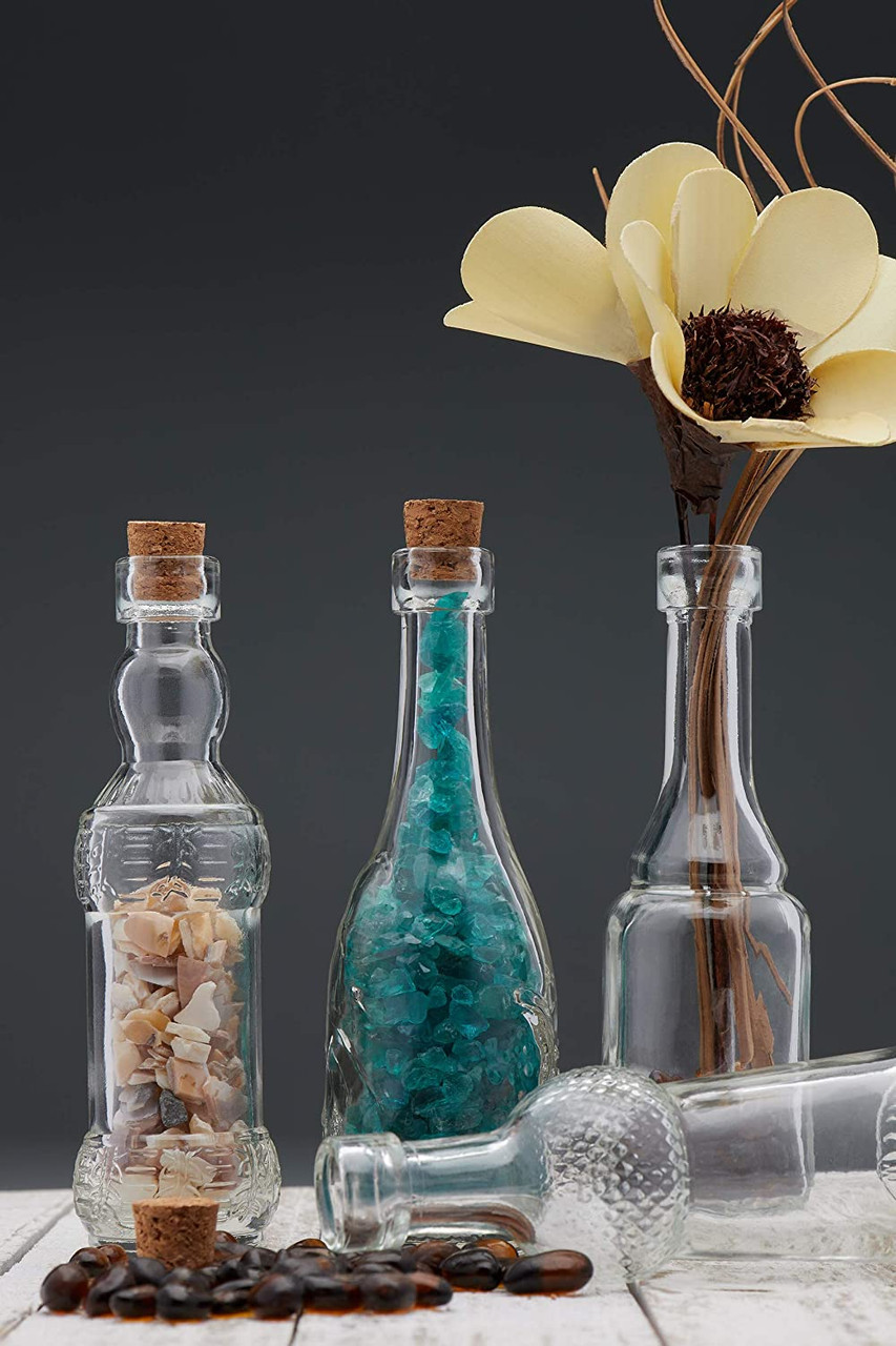 Small Clear Vintage Glass Bottles with Corks, Bud Vases