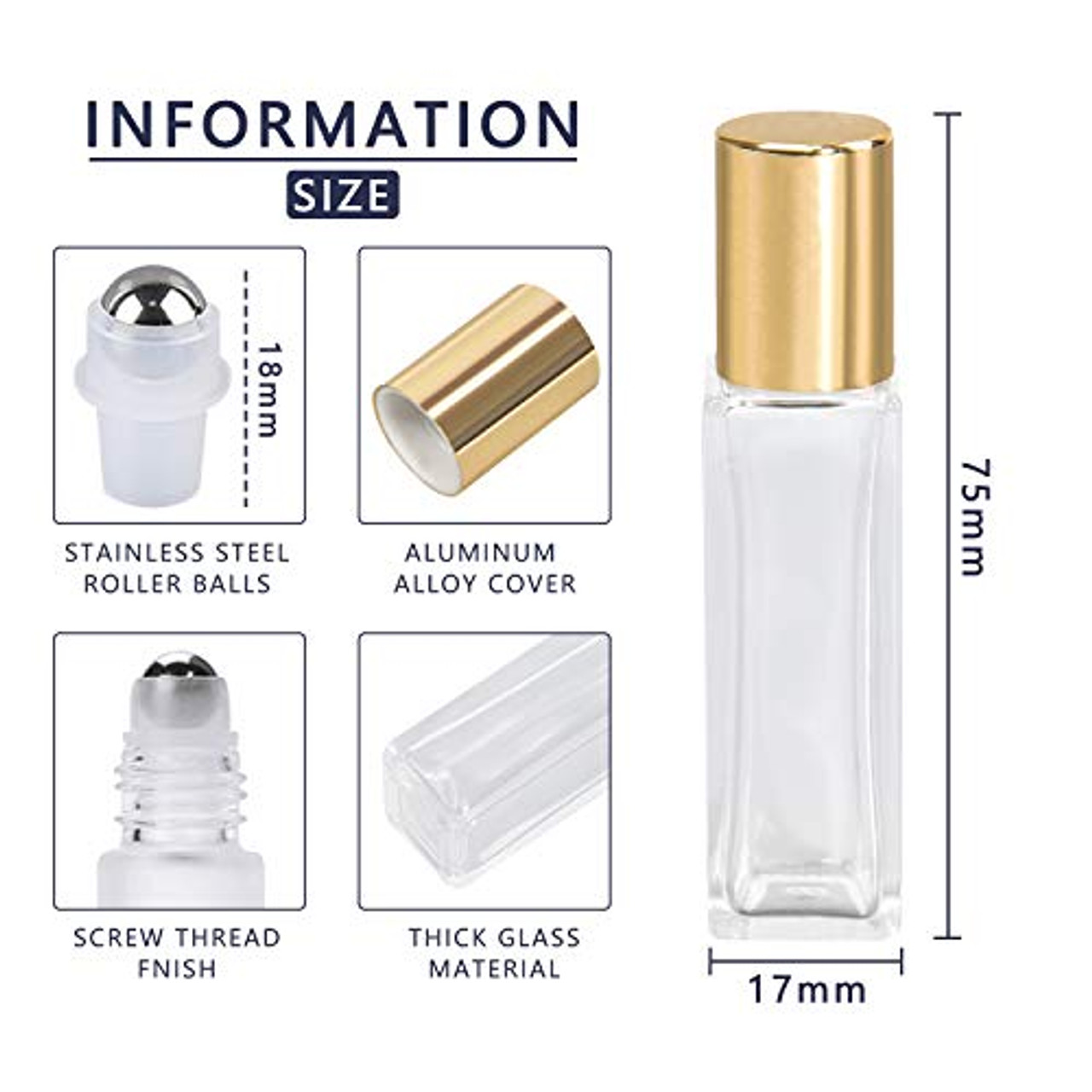 1/3 oz (10ml) Clear Glass Roll on Bottles with Metal Roller Ball
