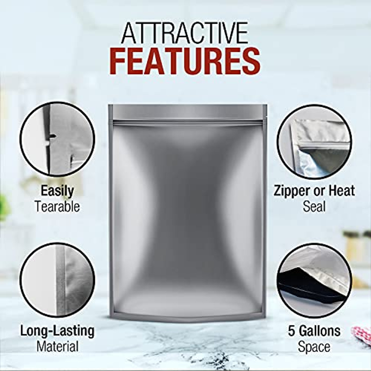 50 Mylar Bags 1 Gallon - Extra Thick 7.4 Mil - 10x14 Airtight Vacuum  Sealing Sealable Mylar Bags for Long Term Food Storage - Odor Free Heat