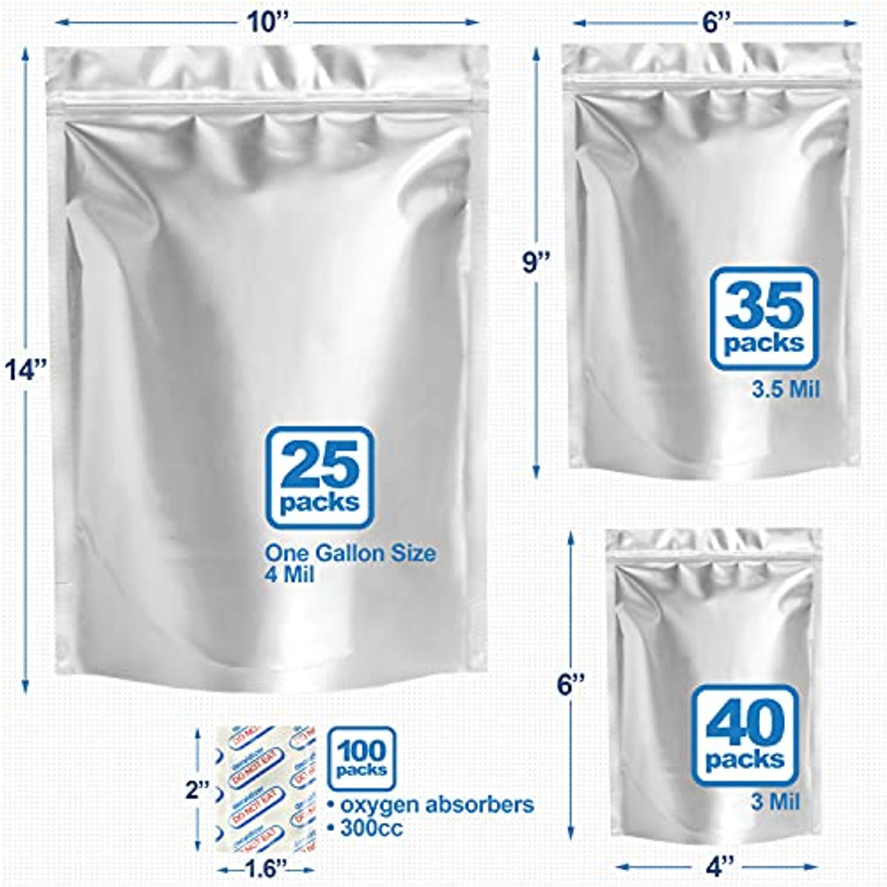 Premount 100 Mylar Bags for Food Storage With Oxygen Absorbers