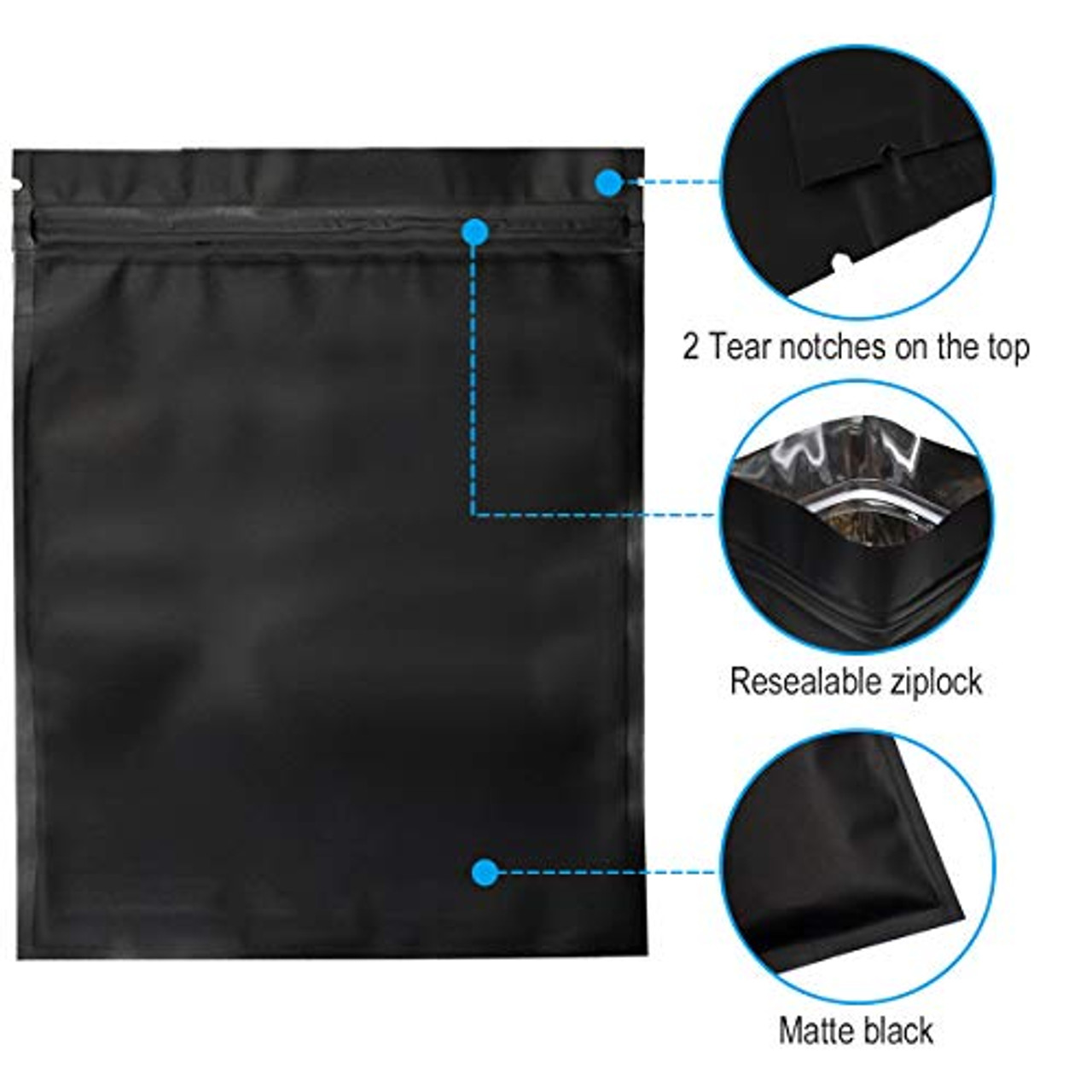 GooGou Matte Black Resealable Zip Mylar Bag Food Storage Aluminum Foil Bags Smell Proof Pouches 50pcs (6.29X9.05In)