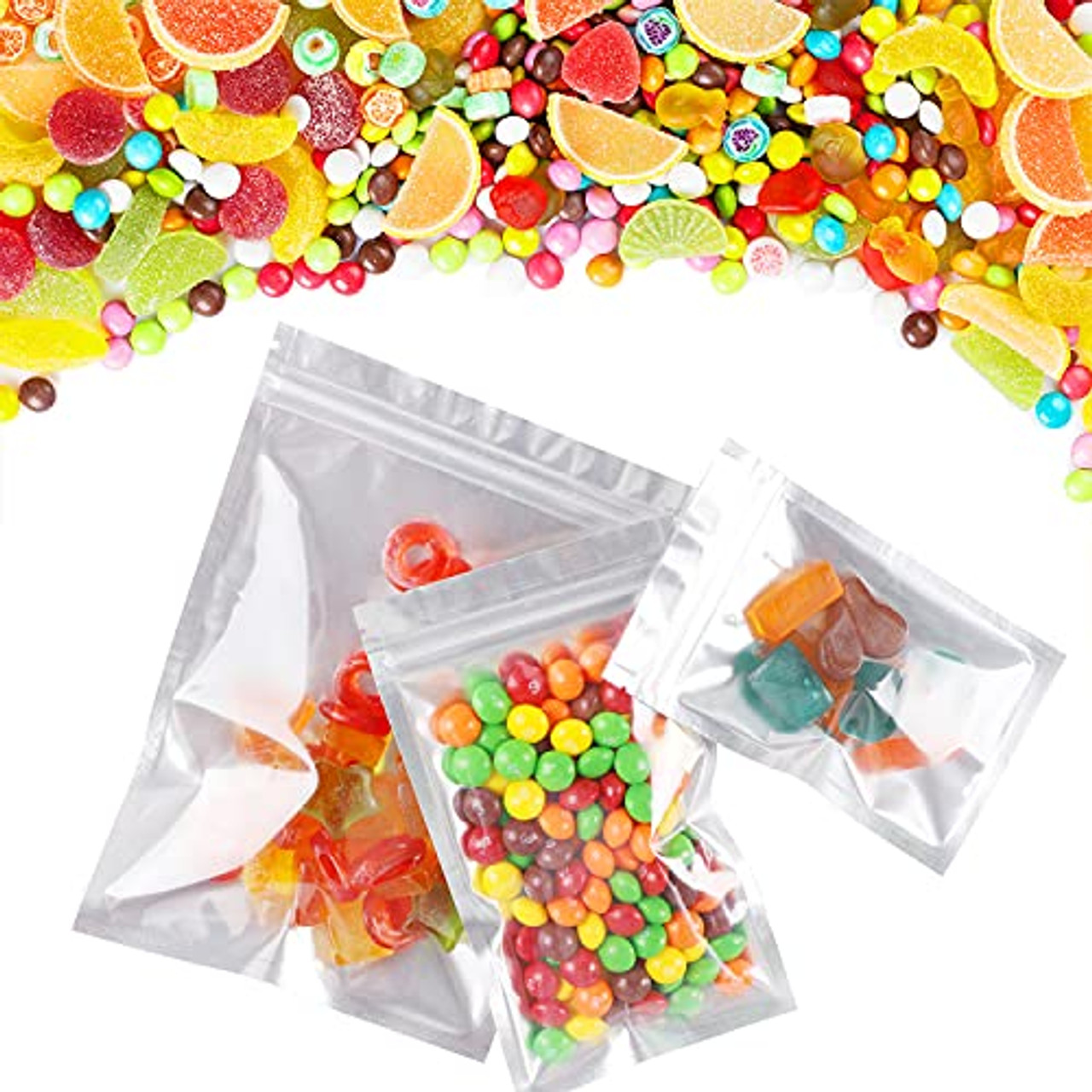 100 Packs Resealable Mylar Bags with Clear Window and Label, Smell Proof Bags Resealable Mylar Bag, Food Storage Bag Holographic Bags, Packaging Pouch
