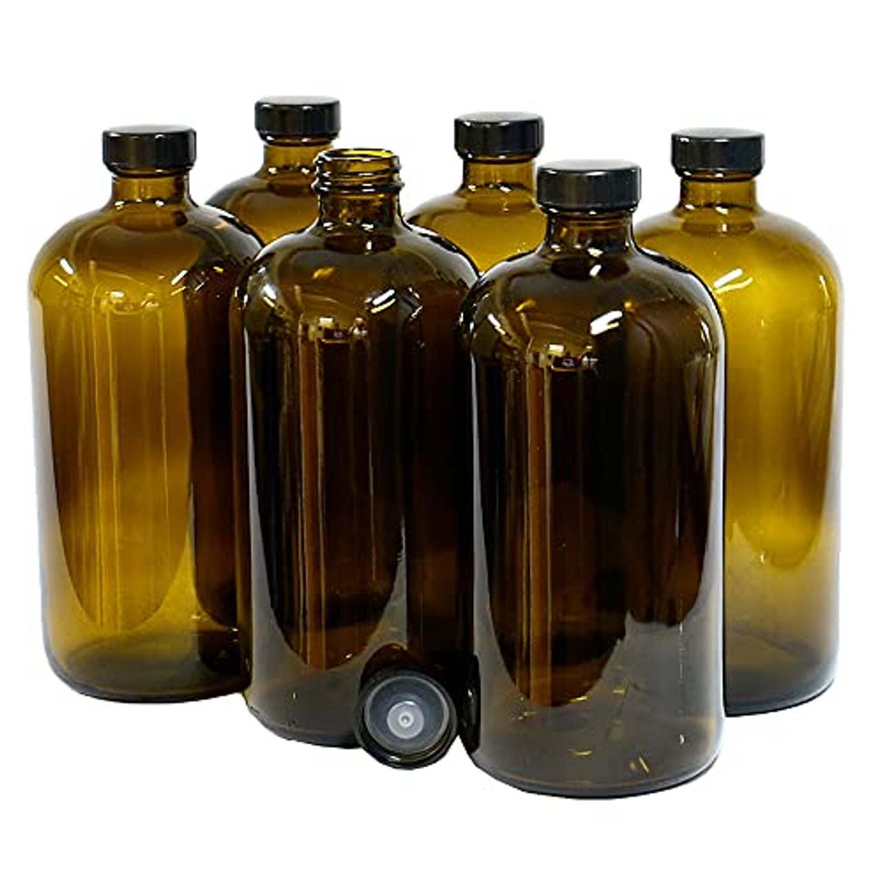 16oz (480ml) Amber Boston Round Glass Bottle (12-Pack) - 28-400 Neck