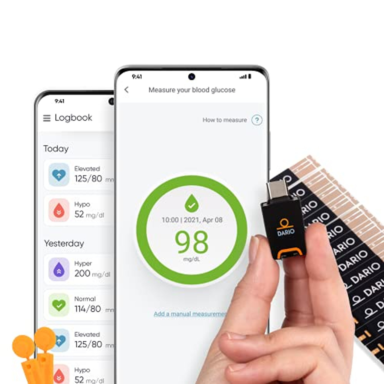 DARIO Blood Glucose Monitor Kit Test Your Blood Sugar Levels and Estimate  A1c After 3m. Kit Includes: Glucose-Meter with 25 Strips,10 Sterile lancets  (Android USB-C)