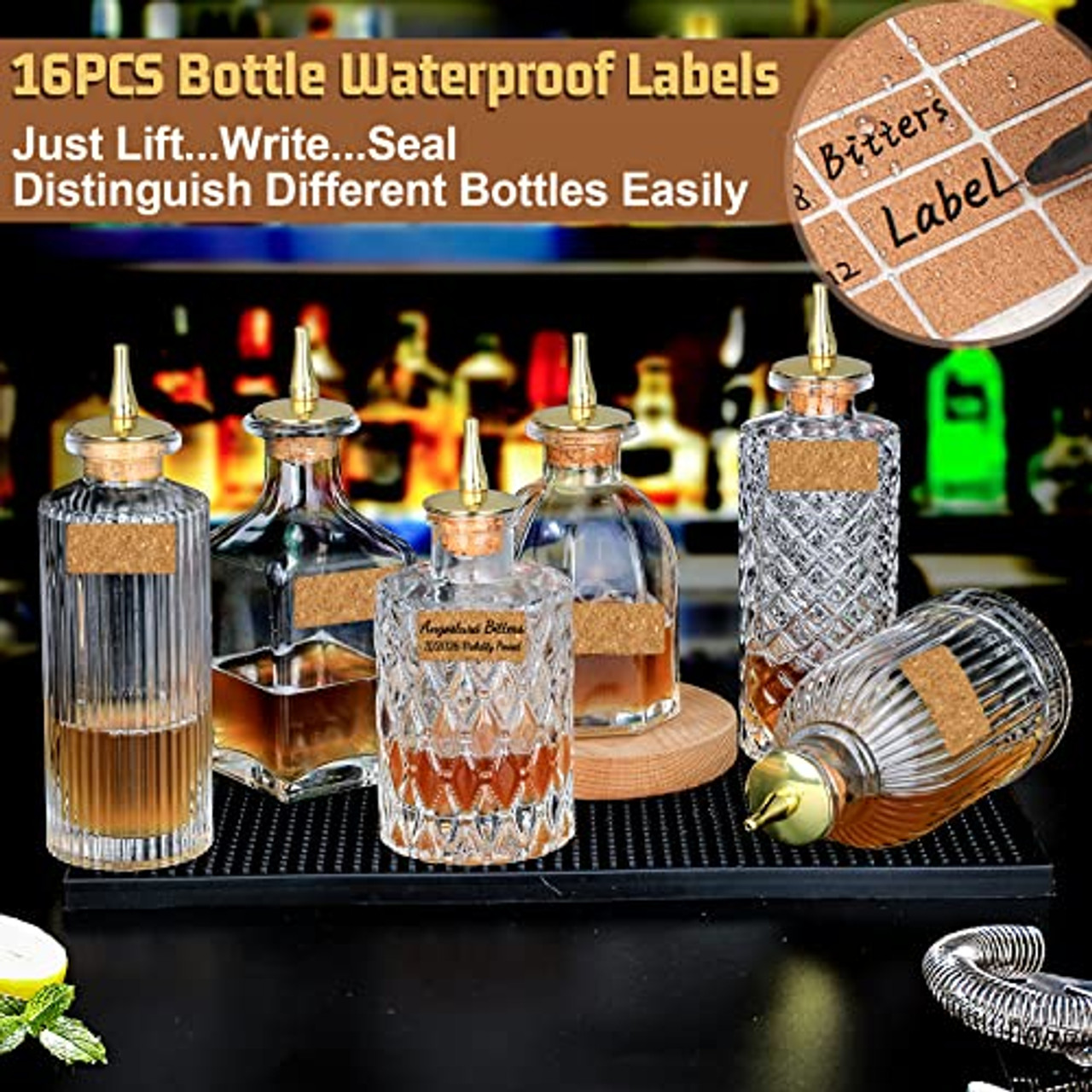 Bitters Bottle Set of 6 - Glass Vintage Bottles with Tray Decorative Bottles with Dash Top and Bottle Stopper Dasher Bottles for Making Cocktail