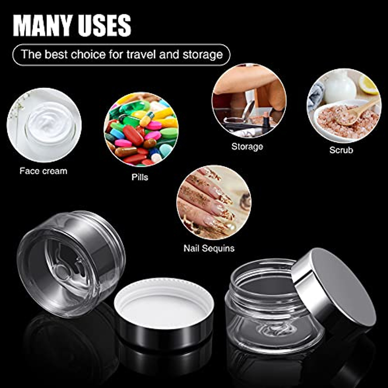 16 Pieces 60 ml/ 2 oz Round Clear Leak Proof Plastic Container Jars with Lids  Plastic Slime Jars Empty Slime Storage Containers Refillable Storage Favor  Jars for Travel Cosmetic Lotion Creams (Silver)