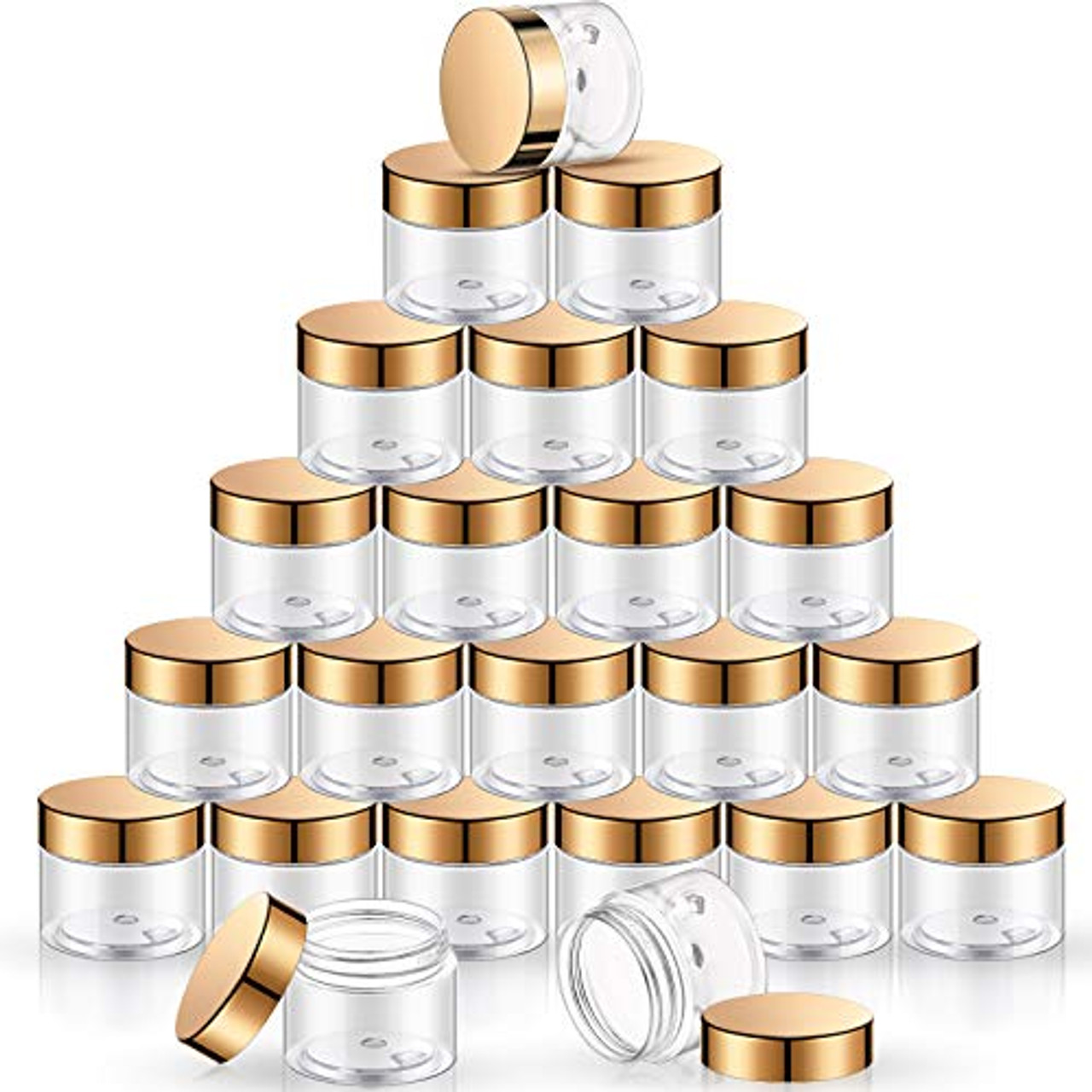24 Pieces Empty Clear Plastic Jars with Lids Round Storage Containers  Wide-Mouth for Beauty Product Cosmetic Cream Lotion Liquid Slime Butter  Craft and Food (Gold Lid, 2 oz)