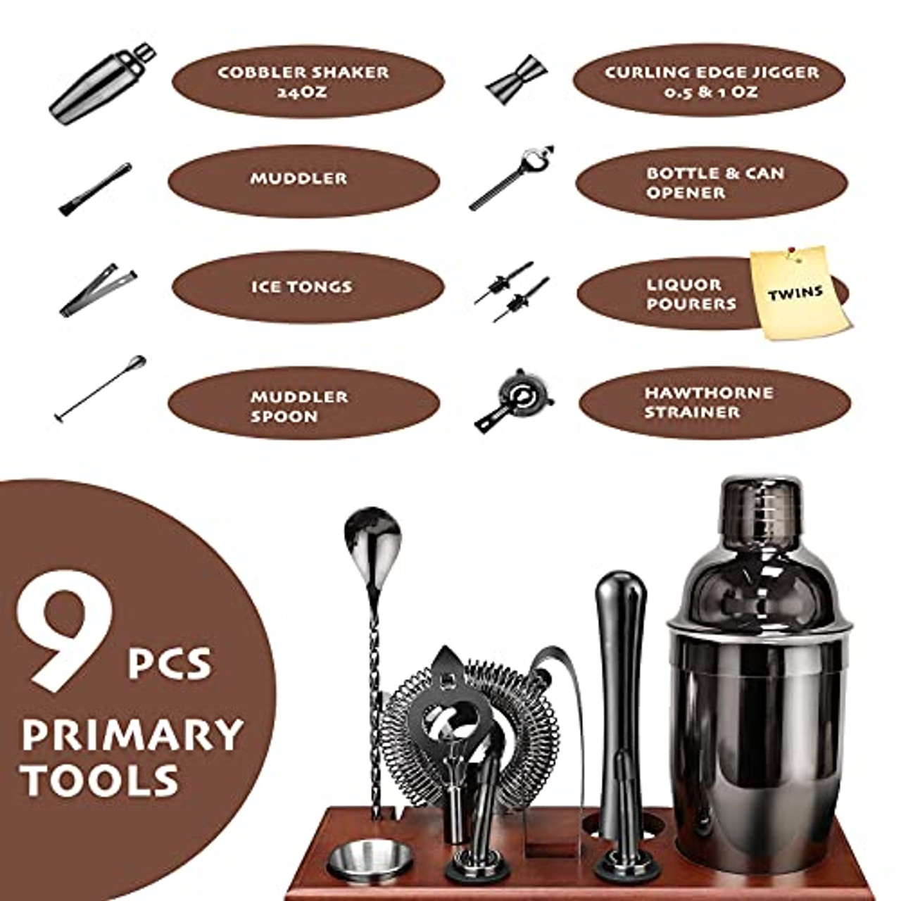 Stainless Steel Cocktail Shaker Set with Stand - 15-Piece Bartender Kit with Drink Shaker, Bar Spoon, Jigger, Muddler, Strainer, Bottle Opener & Stopp