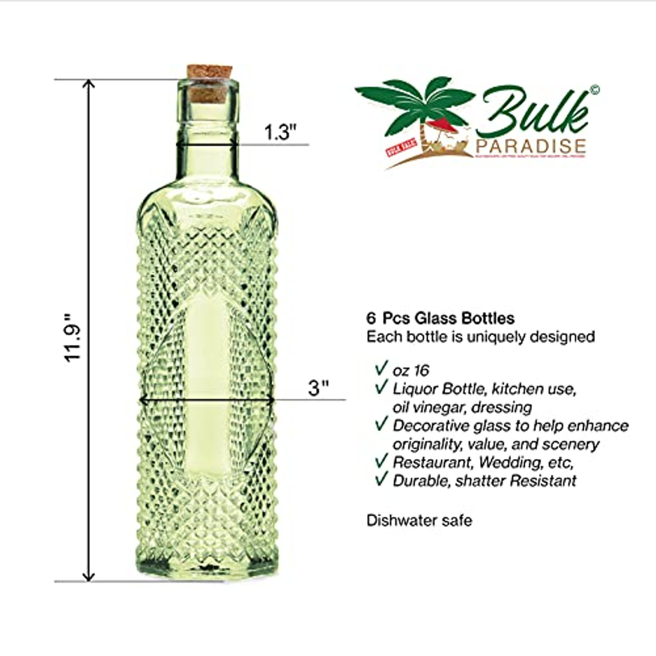Bulk Paradise Small Green Vintage Glass Bottles with Corks, Bud Vases, Decorative, Potion, Assorted Design Set of 12 Pcs, 4.6 inch Tall (11.43cm), 1.4