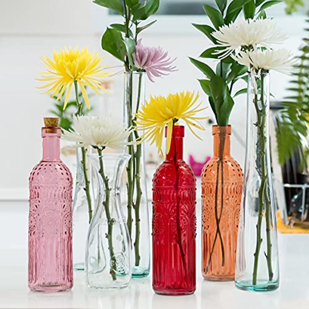 Vintage Decorative Glass Vases, Embossed Colored Glass Bottles,Large Bottle Size,Set of 3