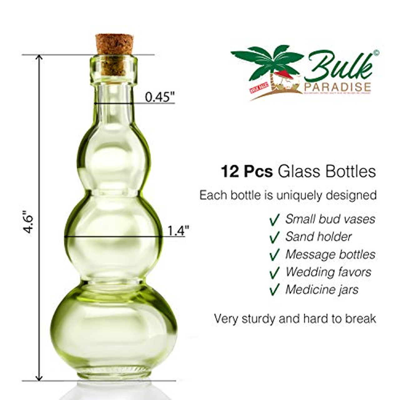 Bulk Paradise Small Green Vintage Glass Bottles with Corks, Bud Vases, Decorative, Potion, Assorted Design Set of 12 Pcs, 4.6 inch Tall (11.43cm), 1.4