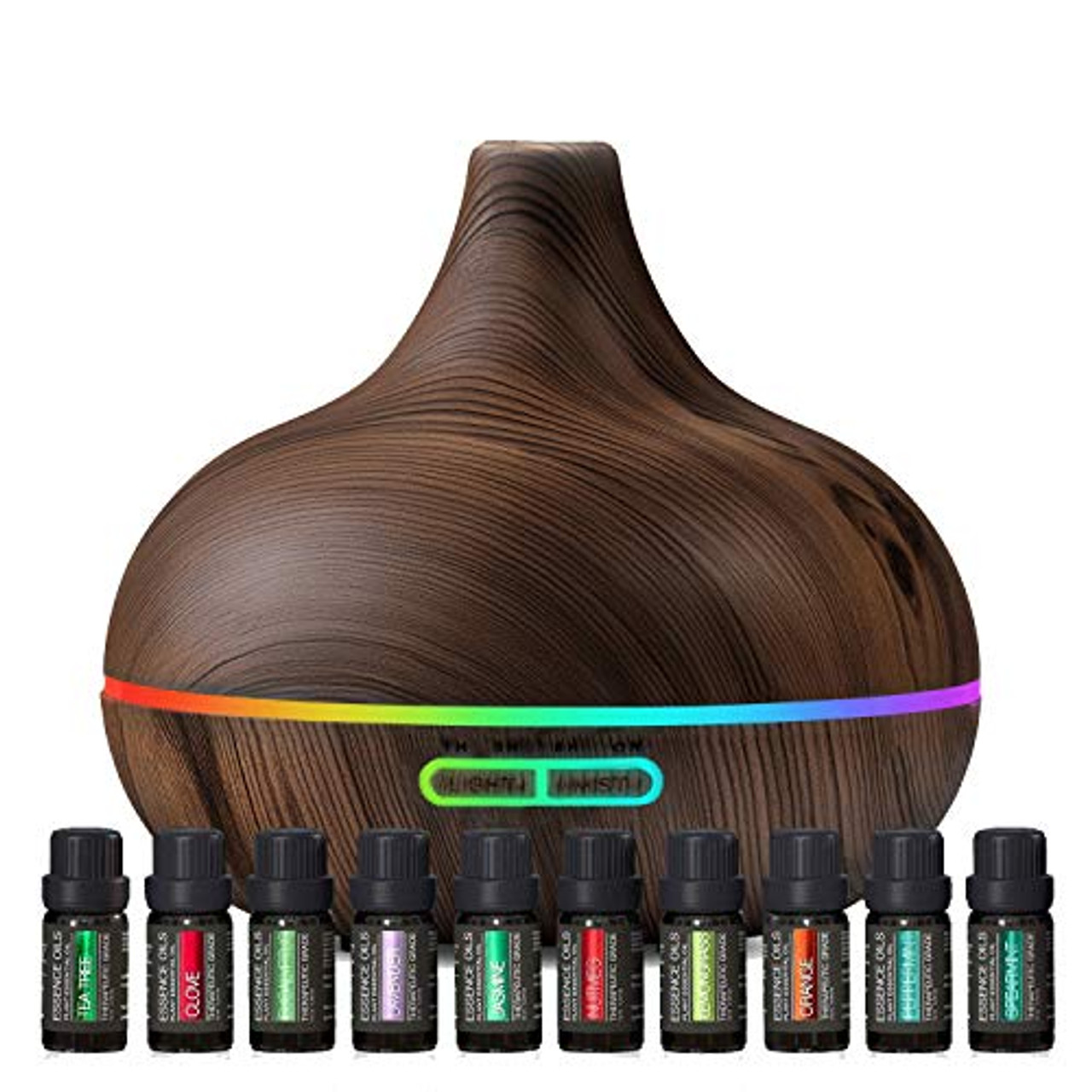 Ultimate Aromatherapy Diffuser & Essential Oil Set - Ultrasonic Diffuser & Top 10 Essential Oils - Modern Diffuser with 4 Timer & 7 Ambient Light