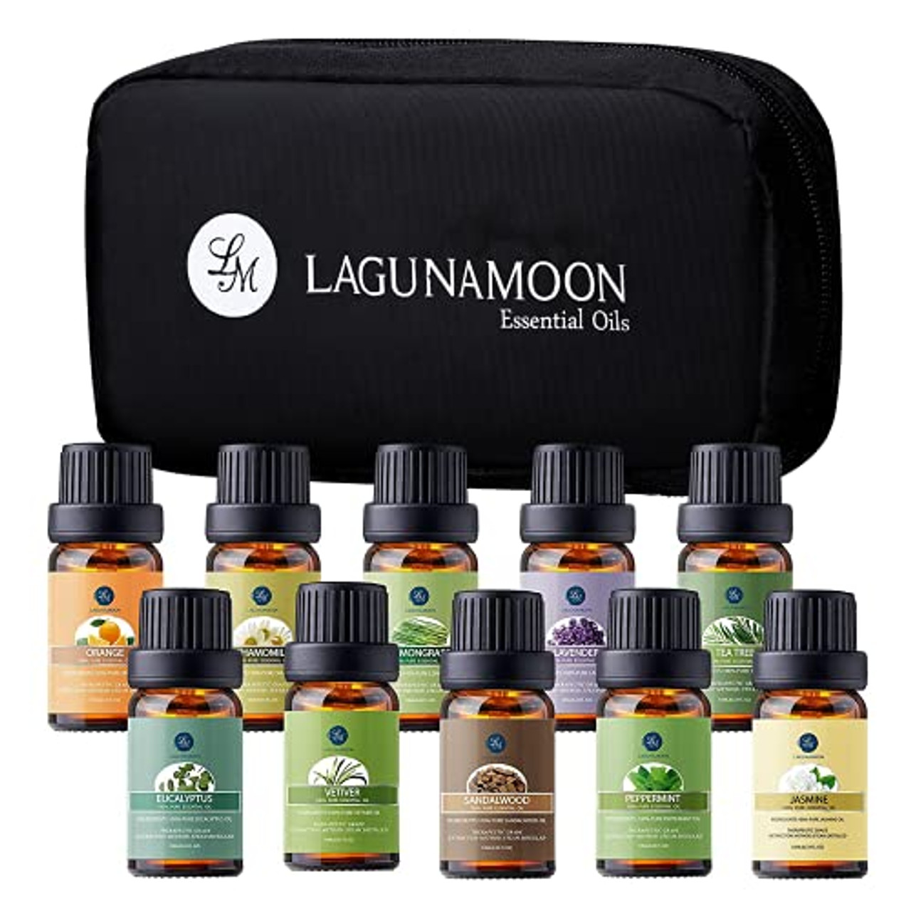 Lagunamoon Essential Oils Set Top 10 with Portable Bag, Pure Aromatherapy Essential  Oils for Diffuser Yoga Massage Soaps ( Tea Tree Lavender Peppermint  Eucalyptus Lemongrass Orange Jasmine )-10ML
