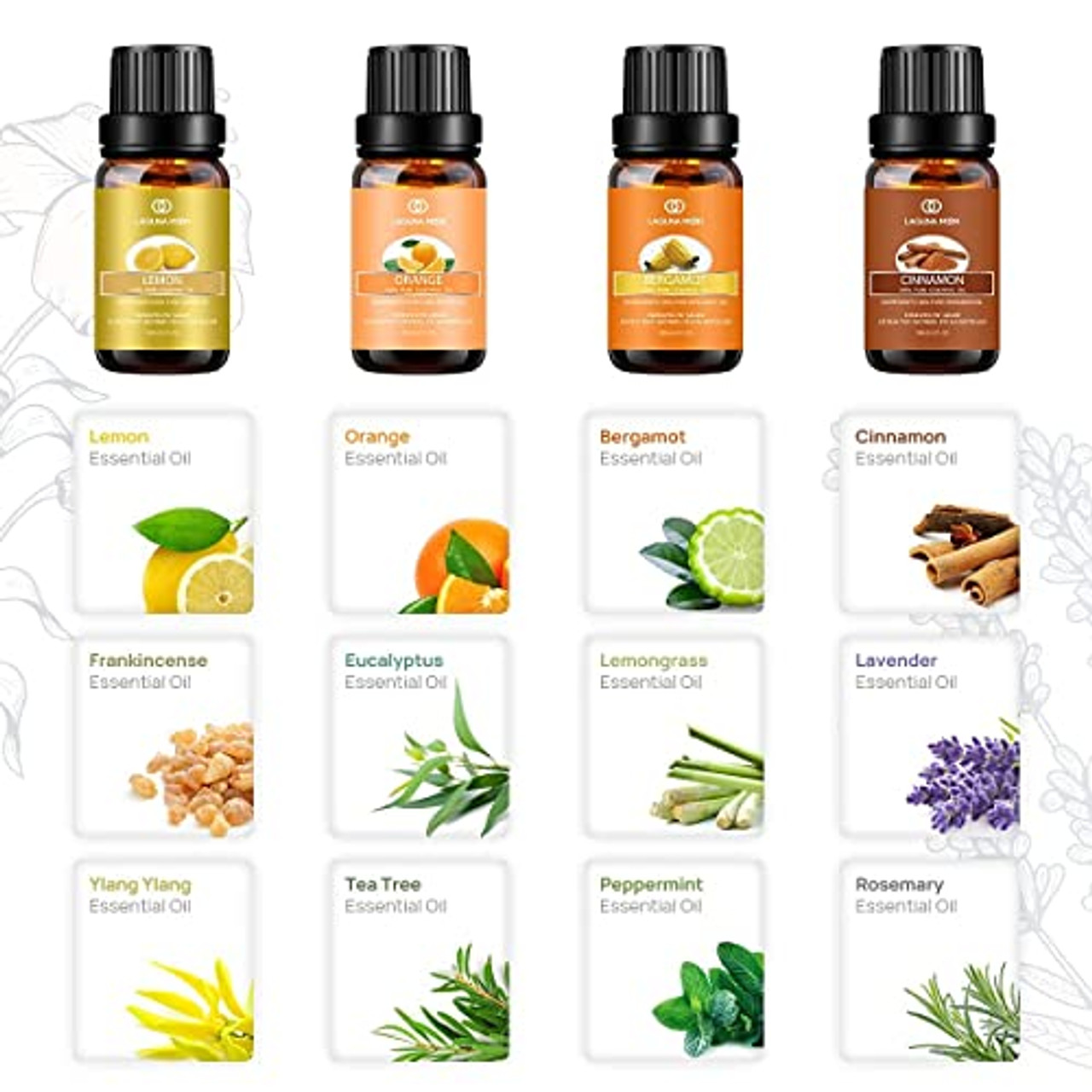 Lagunamoon Top 20 Gift Set - 10mL Multi-Scent Essential Oils for  Aromatherapy, Massage, Candle Making, Skin & Hair Care - Peppermint, Tea  Tree