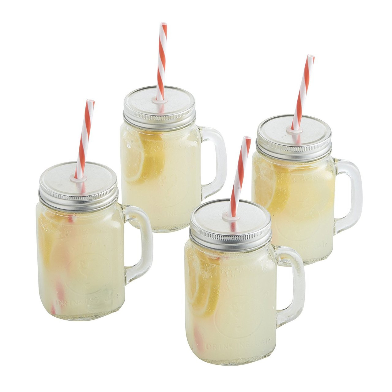 6 Pack 16 Oz. Mason Jar Mugs with Handle, Tin Lid and Plastic