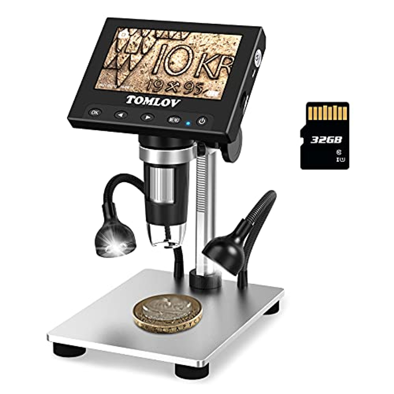 TOMLOV 1000X Error Coin Microscope DM4S +6 inch Extension Tube ET02,LCD  Digital Microscope with