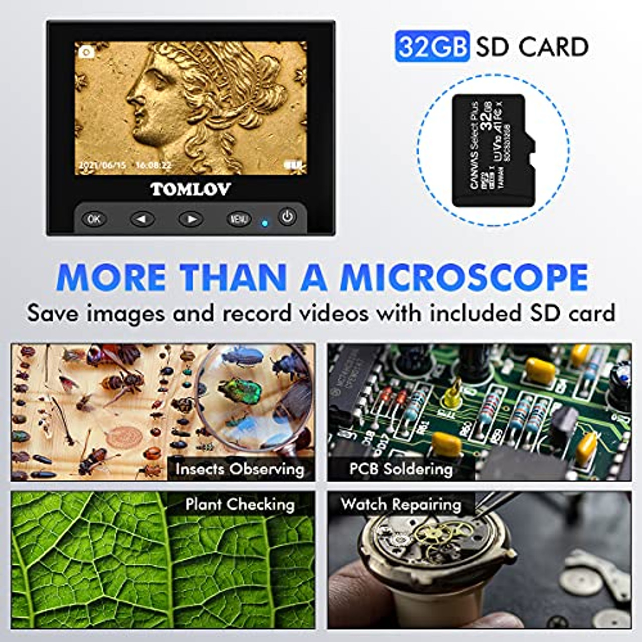 TOMLOV 1000X Error Coin Microscope DM4S +6 inch Extension Tube ET02,LCD  Digital Microscope with