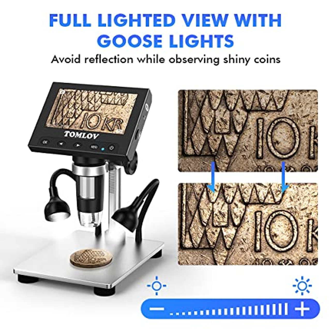 TOMLOV DM4 Coin Microscope 1000X with 4.3 Screen, 720P LCD Microscope with  Metal Stand, 8 Adjustable LED Lights, PC View for Kids Adults, Windows