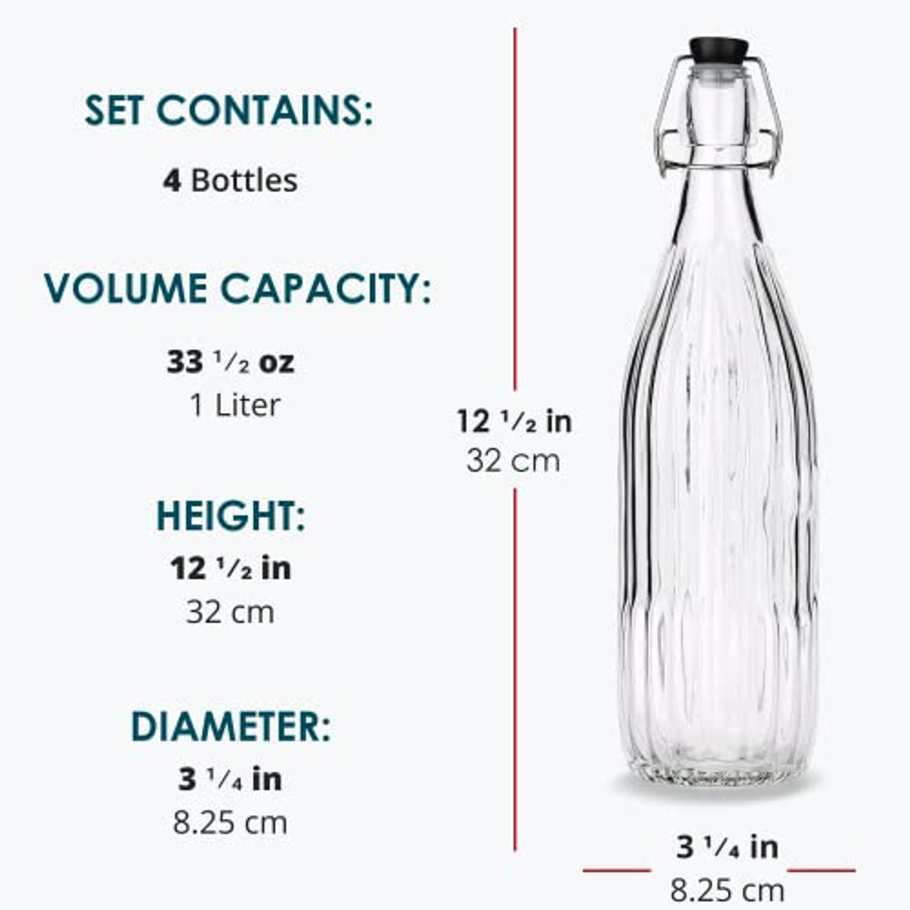 Flip Top Glass Bottle [1 Liter / 33 fl. oz.] [Pack of 4] Swing Top