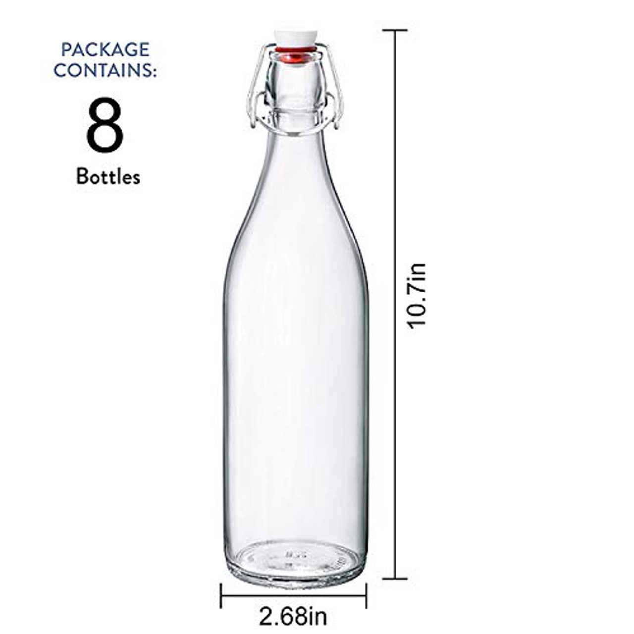 Bormioli Rocco Giara Swing Top Bottles 33 Ounce/1 Liter (6 Pack) Round Clear Glass Grolsch Flip Top Bottle with Stopper