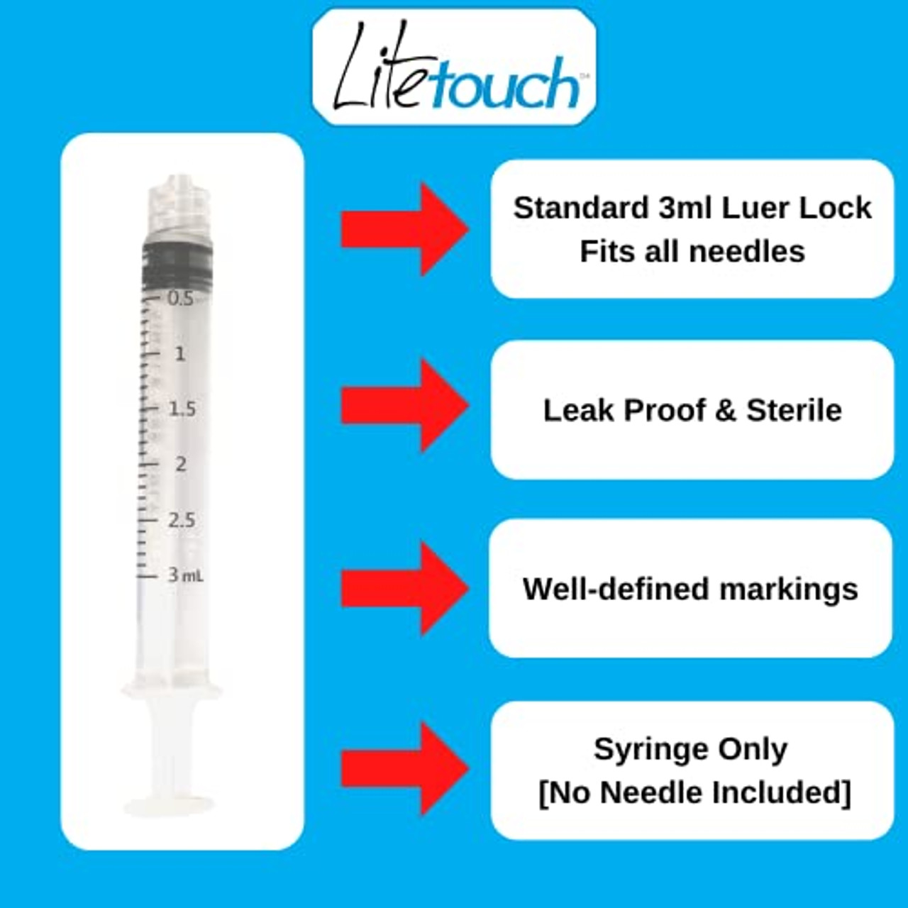 LiteTouch 3mL Luer Lock Syringe, Sterile, Individually Sealed