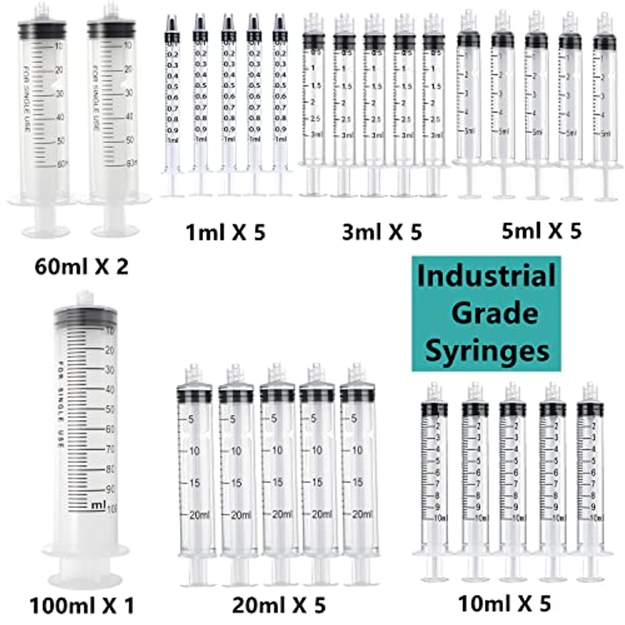 Large Syringes,1ml, 3ml, 5ml, 10ml, 20ml, 60ml, 100ml Syringes with Blunt  Tip Needles and Caps.