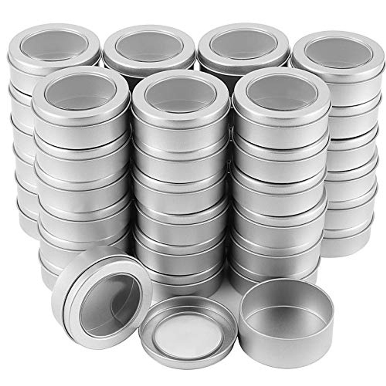 ZOENHOU 64 Pack 2 Ounce Metal Tin Cans Clear Top Lid Round Empty Container Tin Cans Refillable Spice Candle Tins for Gift Giving Candle Making Lip