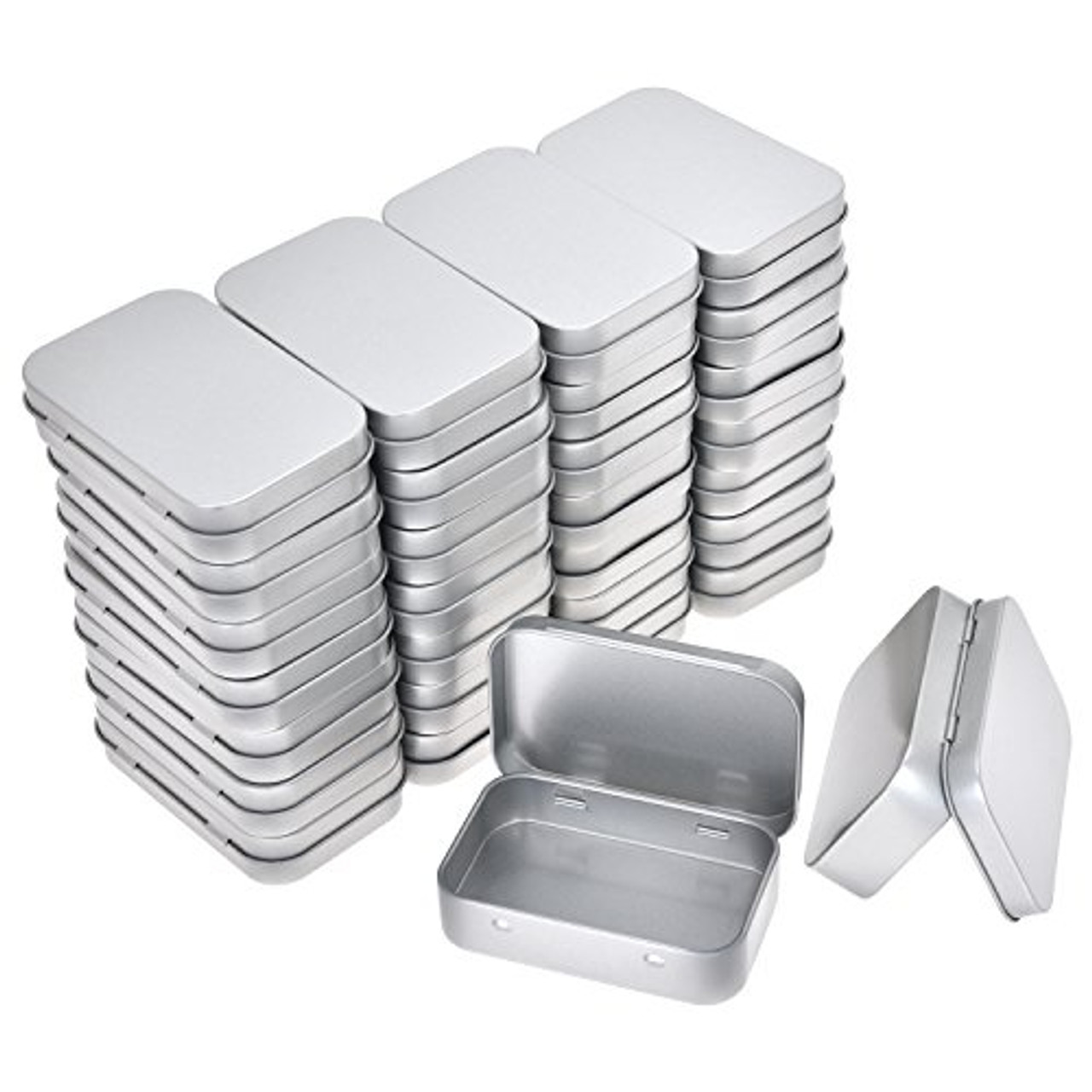 Aybloom Metal Rectangular Empty Hinged Tins - 40 Pack Silver Mini Portable Box Containers Small Storage Kit & Home Organizer