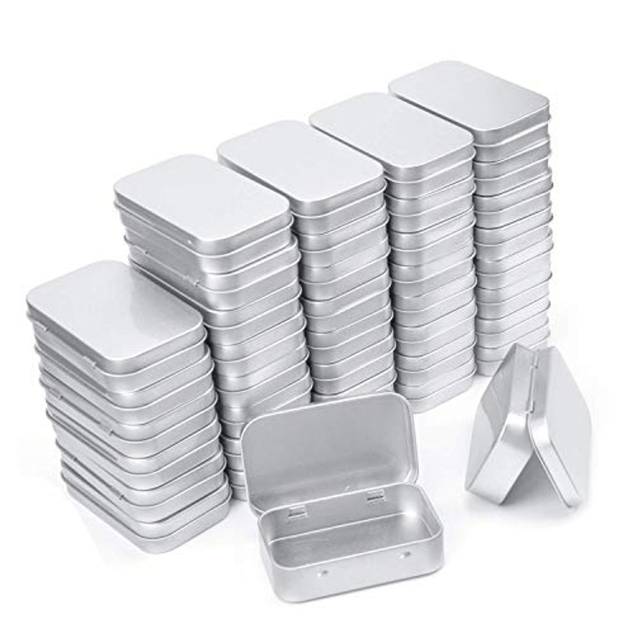 Aybloom Metal Rectangular Empty Hinged Tins - 40 Pack Silver Mini Portable Box Containers Small Storage Kit & Home Organizer