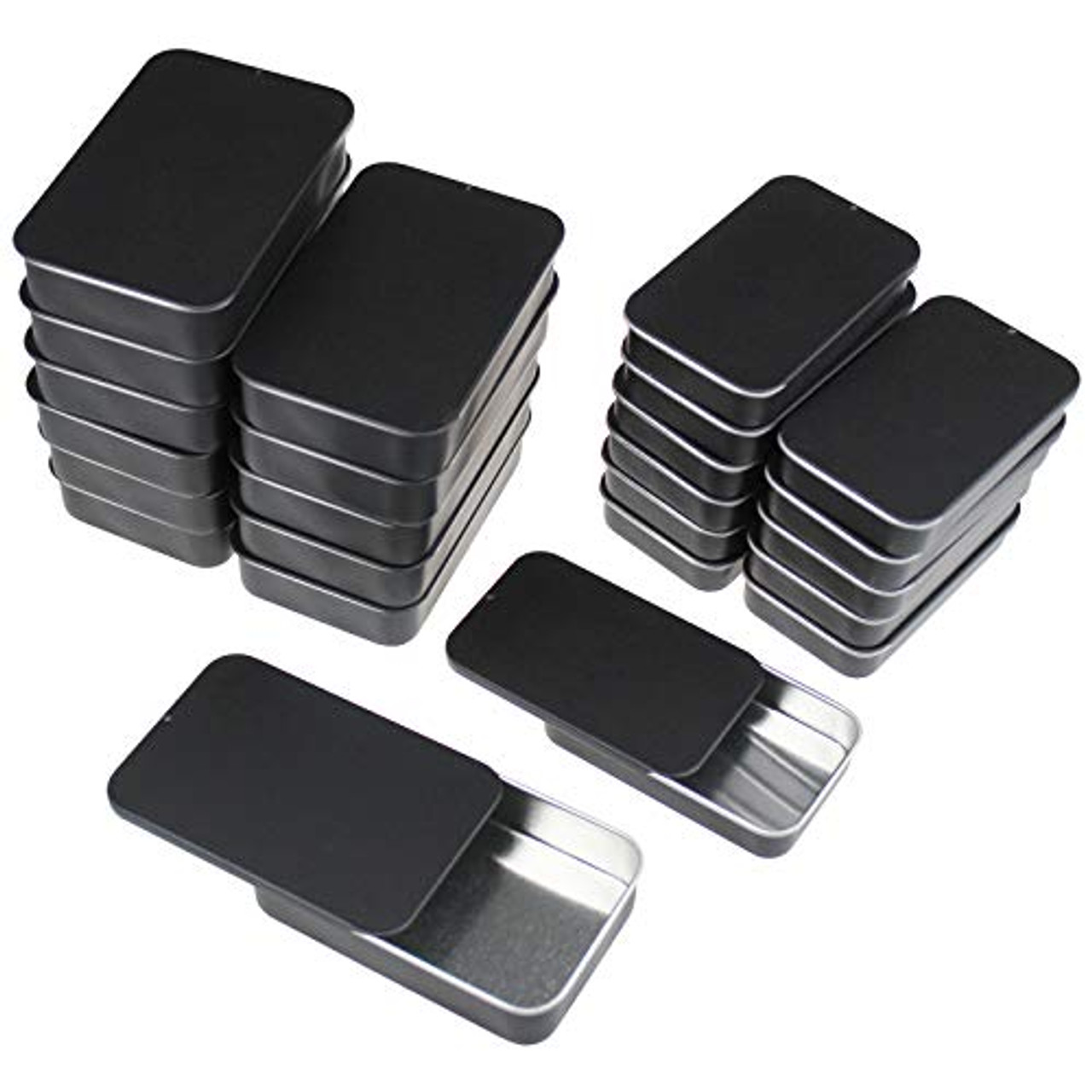 24-Pack Slide Top Rectangular Metal Tin Containers for Candies Jewelry  Crafts Pills Lip Balm Storage Survival Kit, Mixed Sizes (Black)