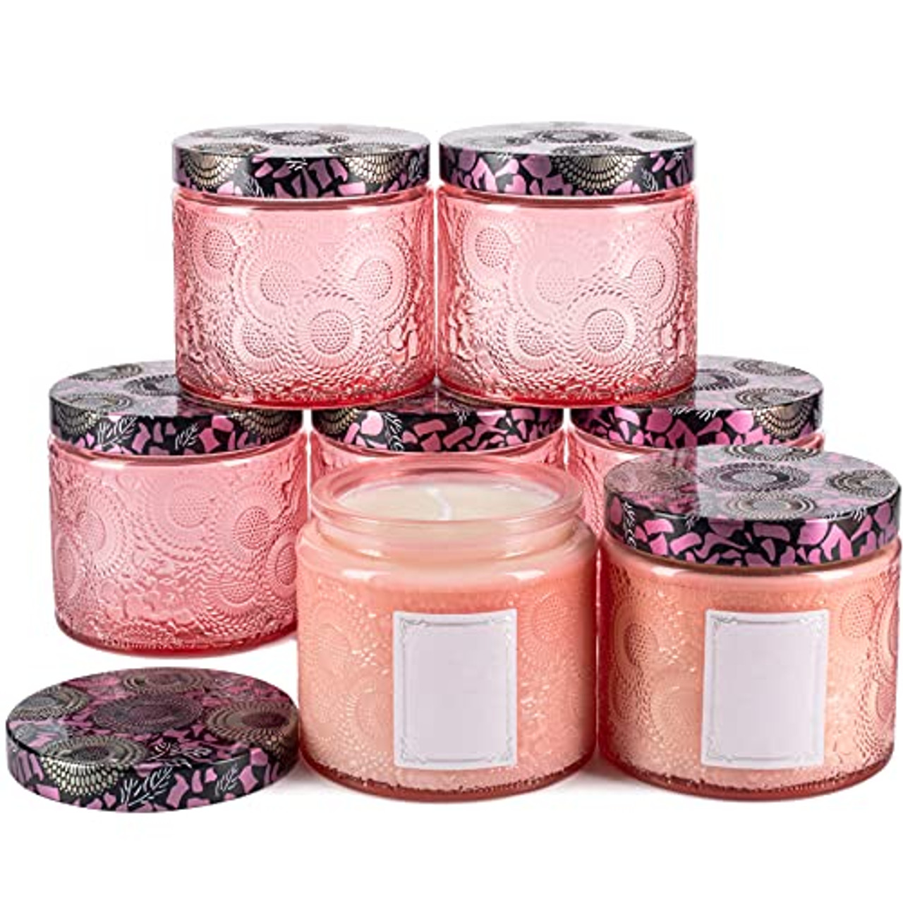 Art Secret Sun Moon Stars Embossed Glass Candle Container with Lid and Labels (4oz - Pack of 18, Pink)