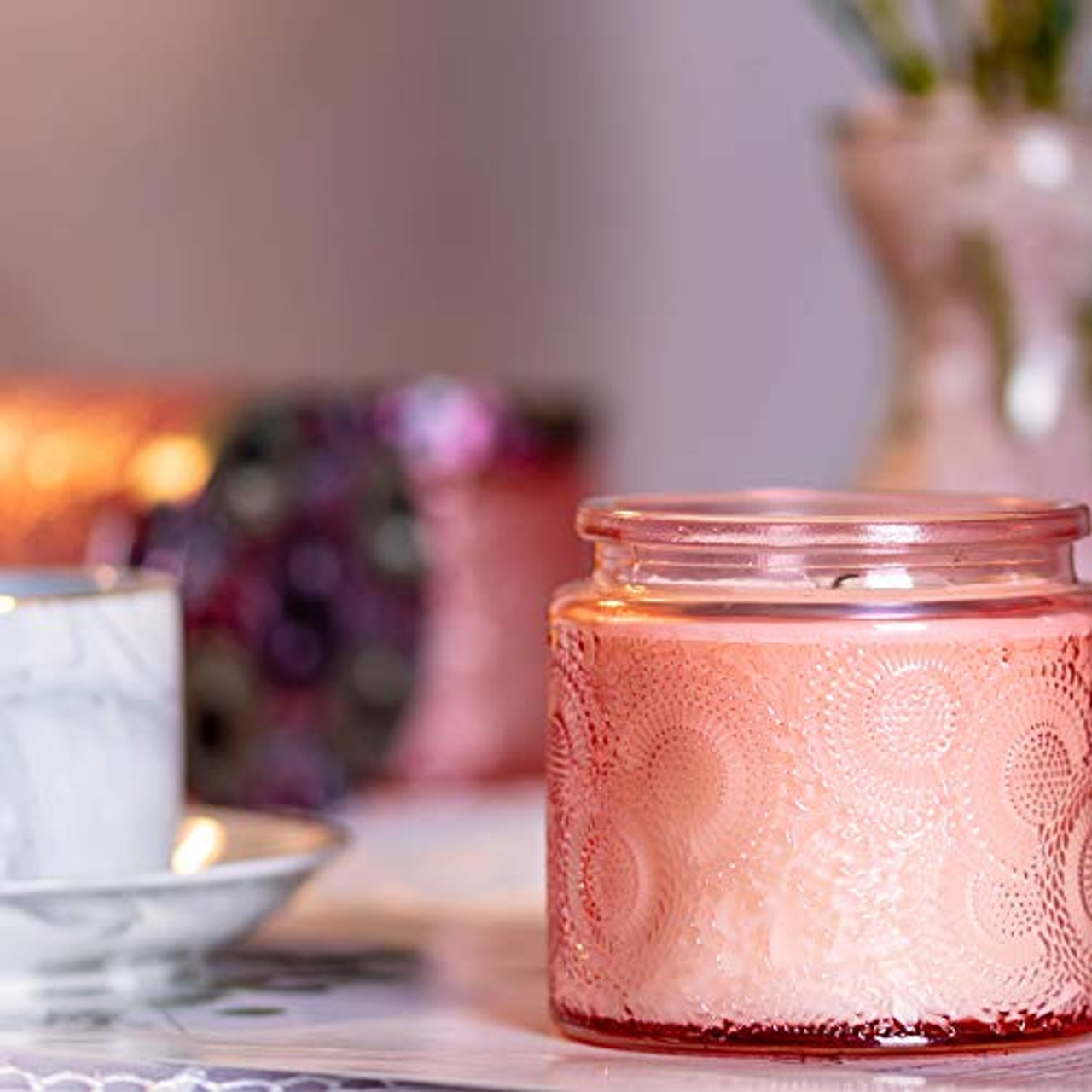 Pink Embossed Glass Candle Container with Tin Lid and Labels, 10 oz - Pack  of 9