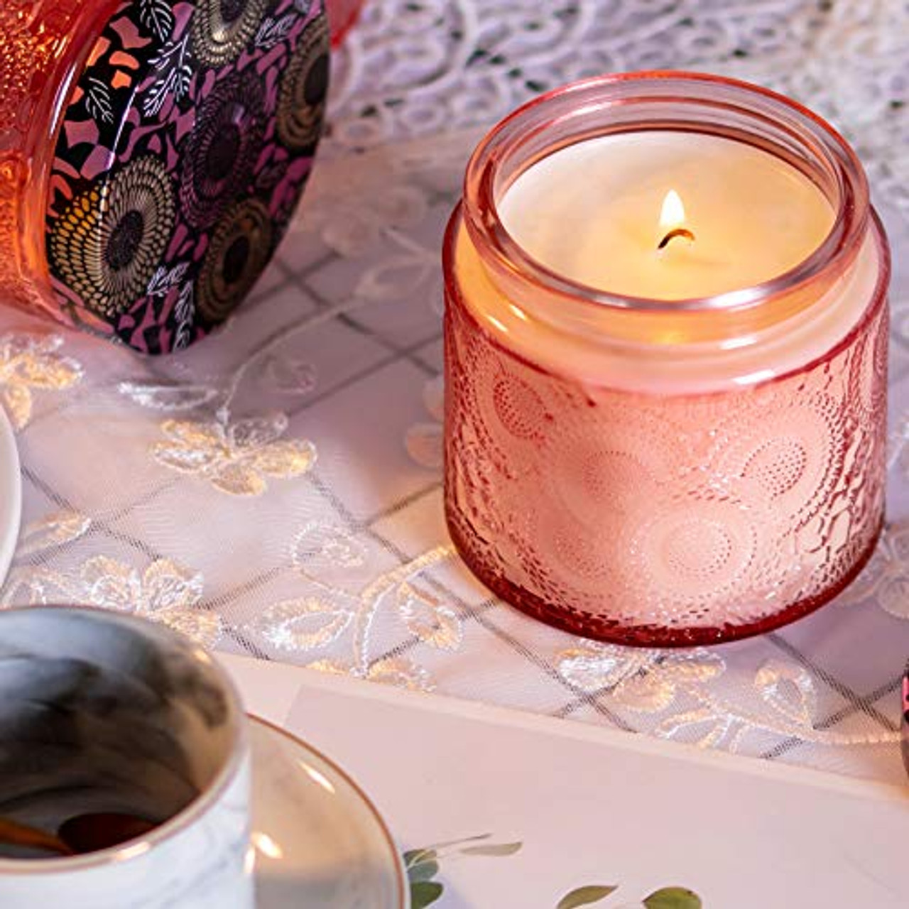 Pink Embossed Glass Candle Container with Tin Lid and Labels, 10