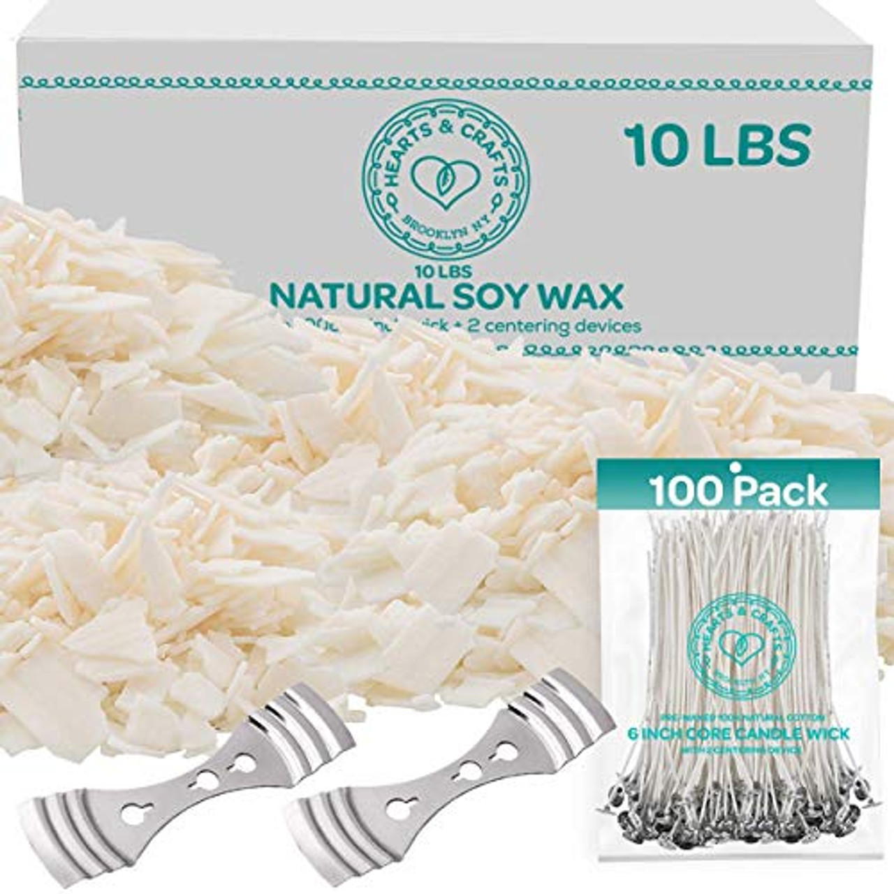 Natural Soy Candle Wax and Candle Making Supplies - 10 lbs Soy Wax for Candle  Making - 100 6-Inch Pre-Waxed Candle Wicks - 2 Metal Centering Devices - 10  Pounds Soy Wax Flakes