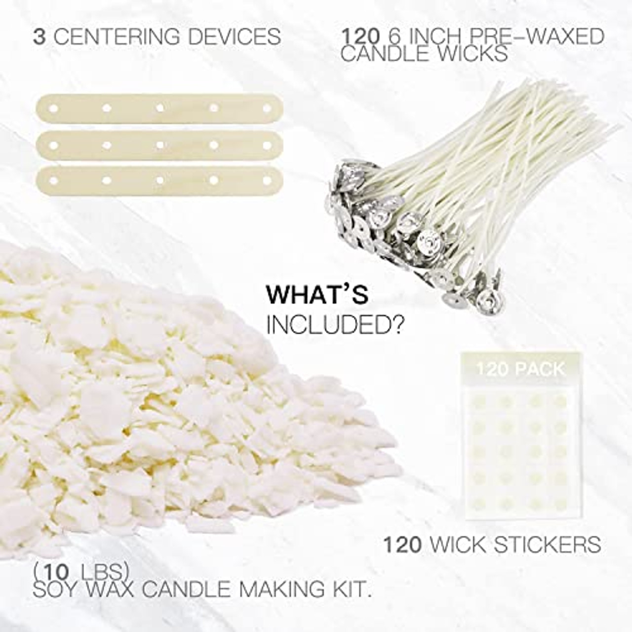 Natural Soy Candle Wax and Candle Making Supplies - 10 lbs Soy Wax for  Candle Making - 100 6-Inch Pre-Waxed Candle Wicks - 2 Metal Centering  Devices - 10 Pounds Soy Wax Flakes