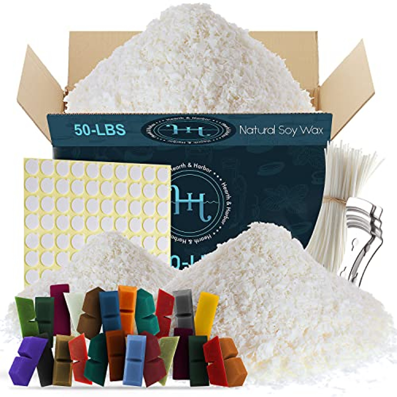 Natural Soy Wax and DIY Candle Making Supplies - 50 Lbs Soy Candle Wax  Flakes, 24 Candle Wax Dye Blocks, 500 Cotton Wicks, and 10 Metal Centering  Device