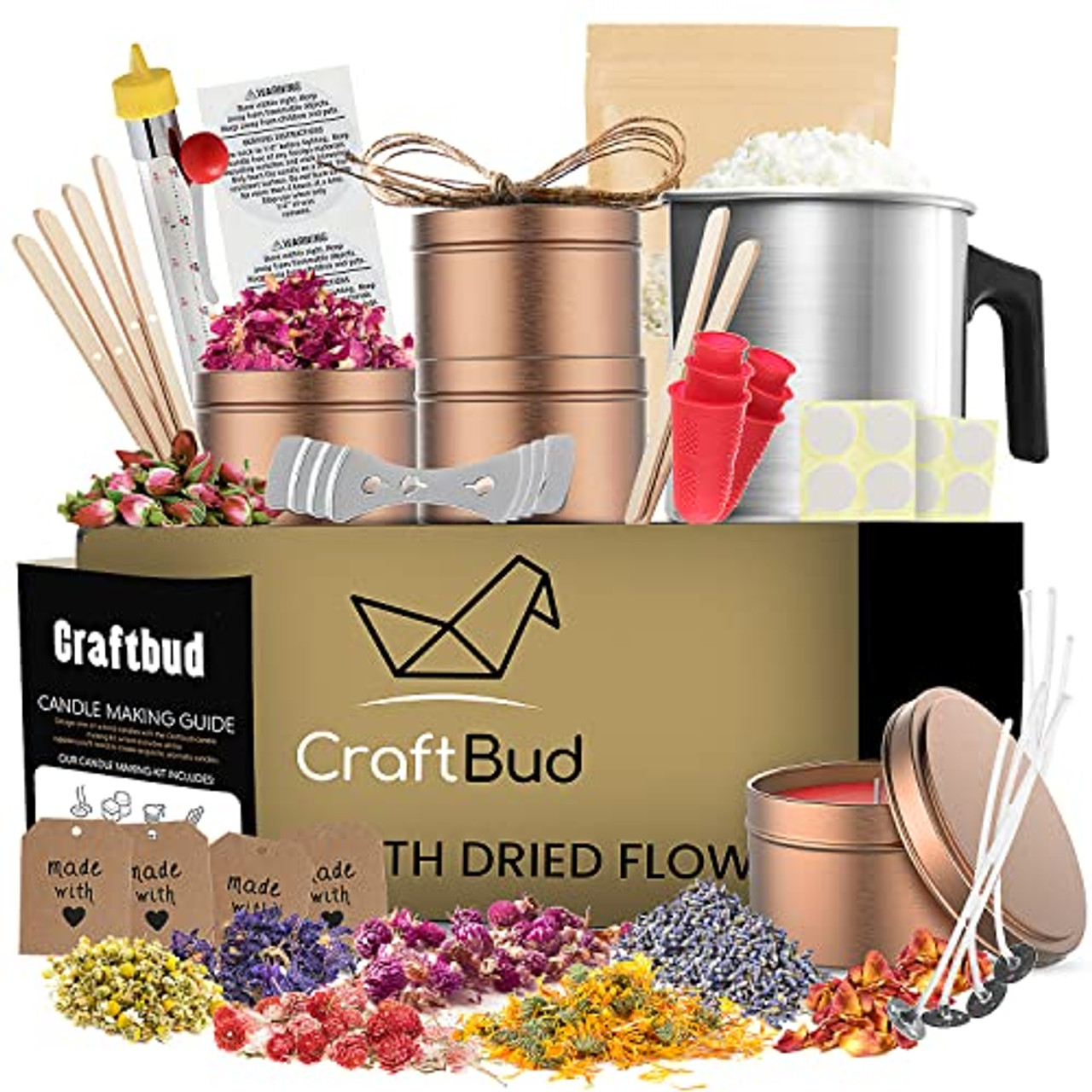 CraftBud Soy Candle Making Kit with Dried Flowers - 50 Pieces - Candle Wax  for Candle Making - 2lbs Natural Soy Wax, Tin, Cotton Wicks, Dried Flowers,  and Lot More