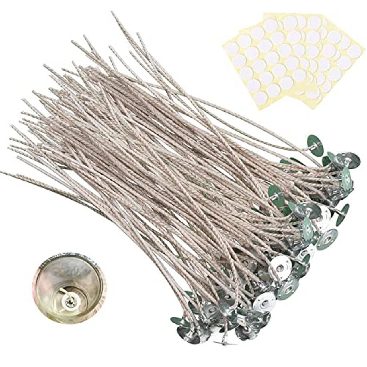 100 pcs ECO Wicks for Soy Candles, 6 inches Cotton Candle Wicks with Base,  Low Smoke, No Peculiar Smell with 100PCS Candle Wick Stickers, for Soy Wax.